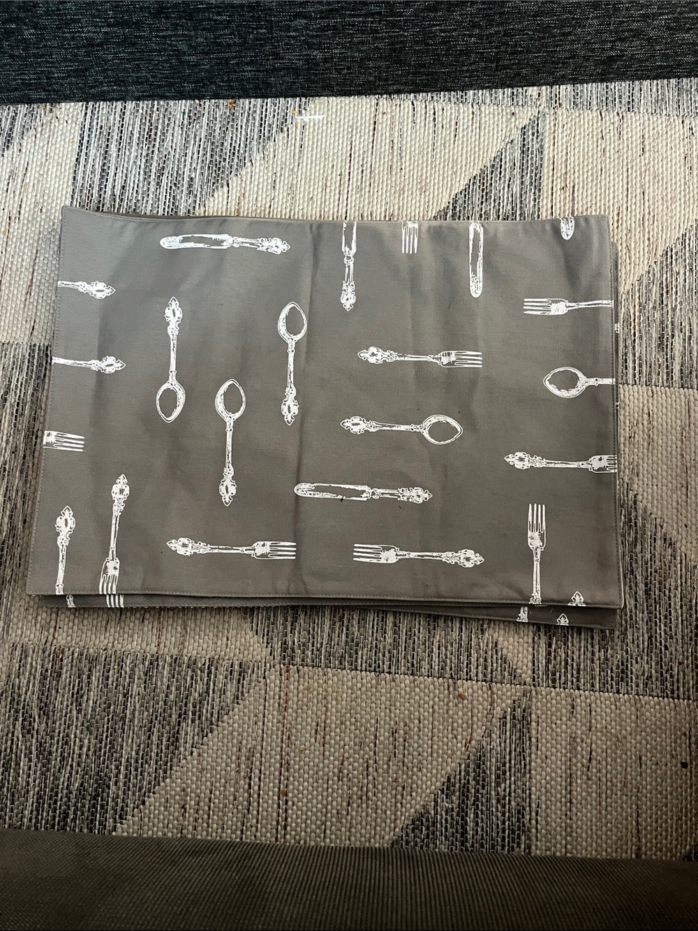 NWT Aman reversible Gray Placemat with White Cutlery Print